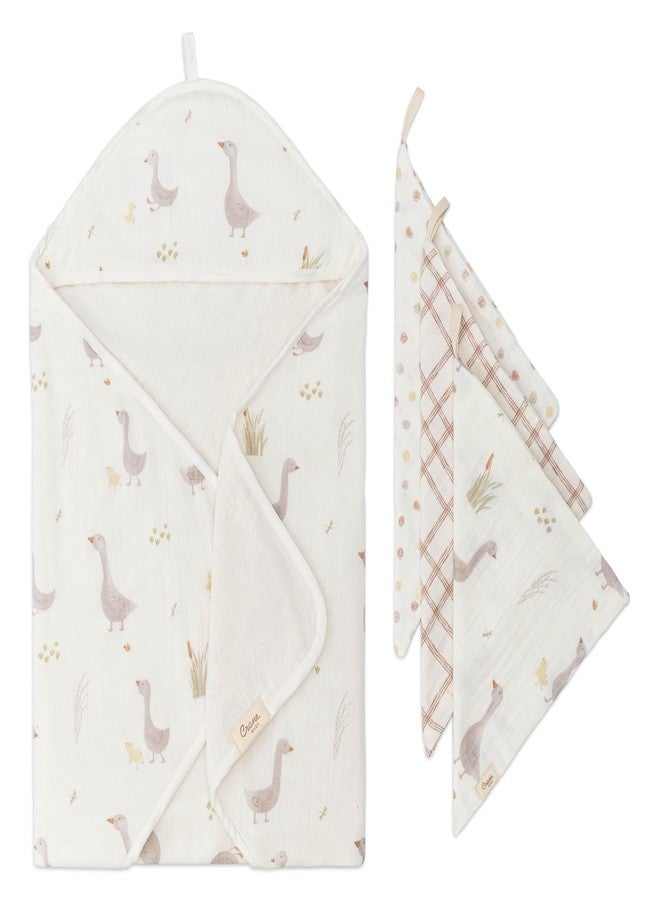 Crane Baby Hooded Towel & Washcloth Set, Charlie Farmhouse Goose Hooded Baby Towels and Washcloths Set, Baby Bath Essentials, Washcloths for Newborn, Muslin Towel for Babies - Image 1